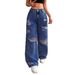 Women's Clothing Distressed High Waist Straight Leg Jeans Comfortable Cotton Denim Pants With Multiple Rips, Classic Blue & Dark Blue Shades (XS-2XL)_mkmklike.com