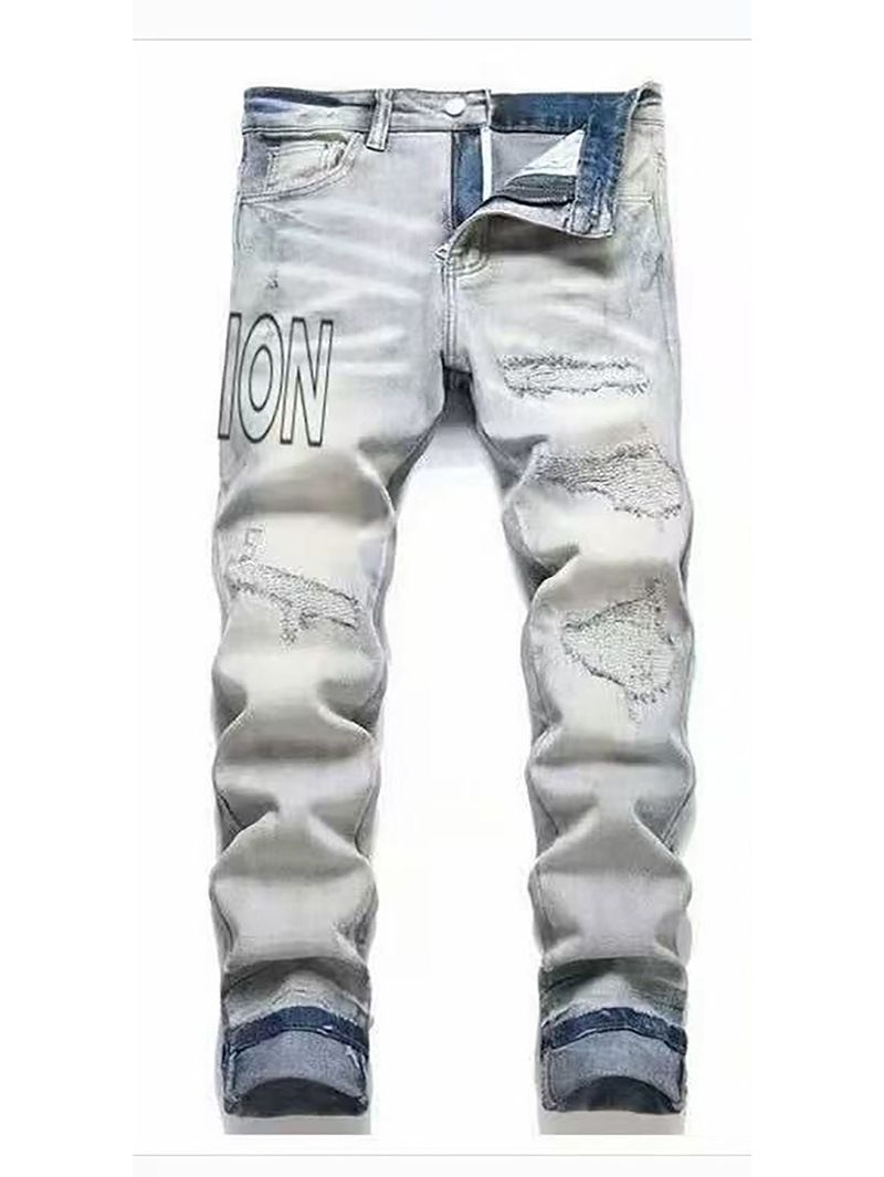 Men's Distressed Denim Jeans With Patchwork & Graphic Print – Vintage Washed Streetwear Trousers For Urban Styling (S-XXXL) – High-Fashion_mkmklike.com