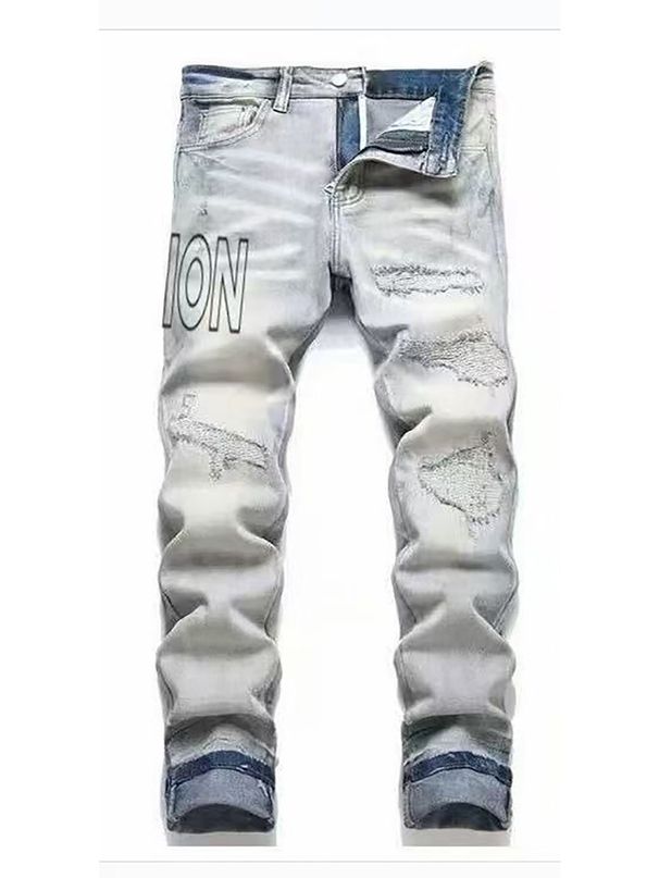 Men's Distressed Denim Jeans With Patchwork & Graphic Print – Vintage Washed Streetwear Trousers For Urban Styling (S-XXXL) – High-Fashion_mkmklike.com