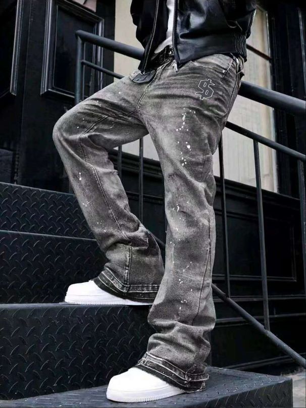 Men's Heavyweight Washed Denim Jeans - 100% Cotton Dollar Embroidery & Splatter Paint Slim Flare Jeans_mkmklike.com