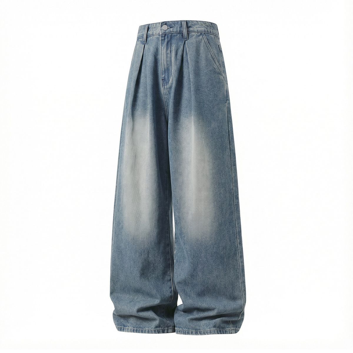 Vintage Washed Denim Jeans For Men - Relaxed Straight Fit With Cross-Pleated Design, Classic Old Money Style, Casual Trousers_mkmklike.com