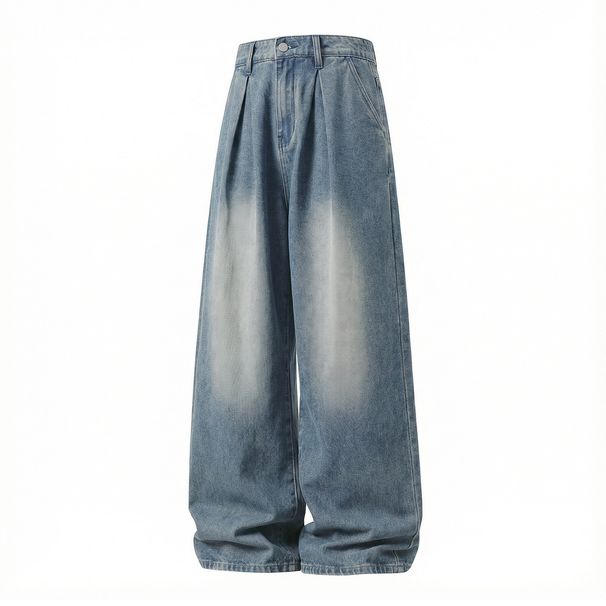 Vintage Washed Denim Jeans For Men - Relaxed Straight Fit With Cross-Pleated Design, Classic Old Money Style, Casual Trousers_mkmklike.com