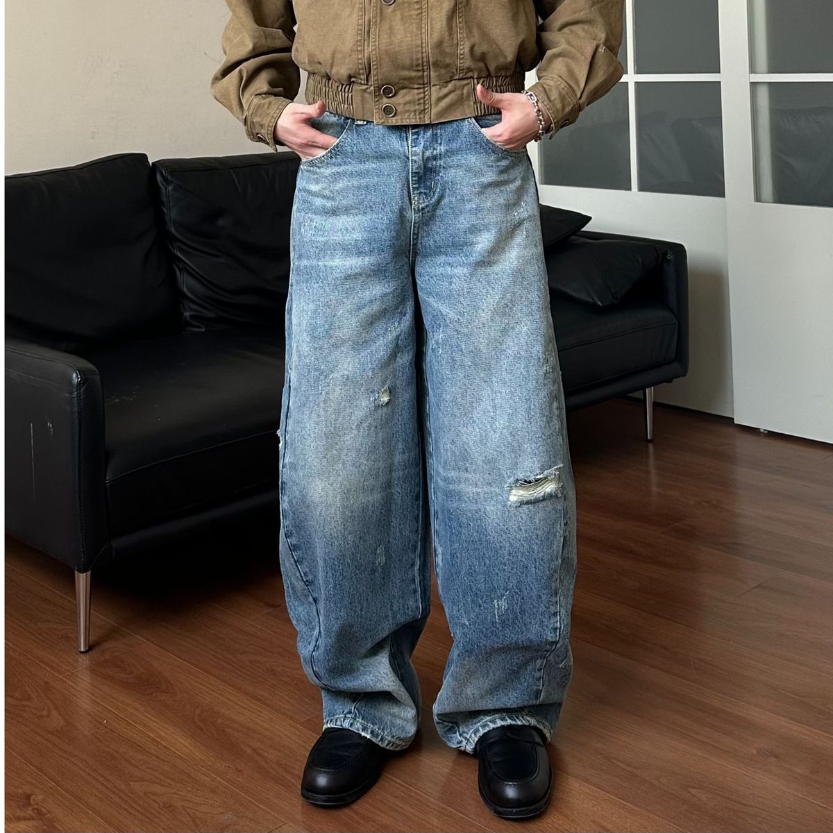 Men's Clothing Retro Daddy Ripped Loose Scimitar Version Wide Leg Jeans For Men And Women_mkmklike.com