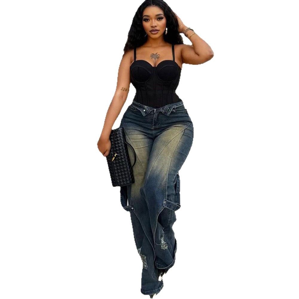 2027 Fashion Women Wide Leg Jeans European American Style Washed Tie Dye Abrasion Distressed Straight Leg Cargo Pants Fashion High Waist Denim Pants_mkmklike.com