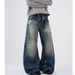 Women's Distressed High-Waisted Straight Leg Jeans With Paint Splatter & Tuck Details Relaxed Fit Stretch Denim Pants_mkmklike.com