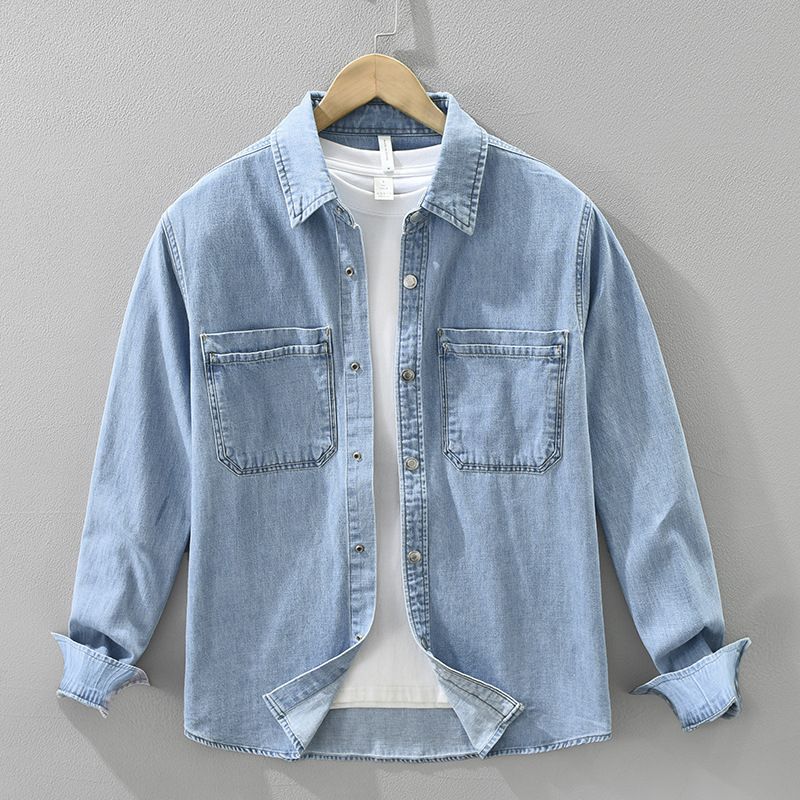 Denim Retro Long Sleeved Shirt For Men, Fashionable And Versatile, Artistic And Casual Loose Top_mkmklike.com