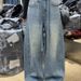Plus Size Vintage Distressed Rhinestone Jeans For Women – Oversized Wide-Leg High-Waisted Denim Pants With Embellishments (Streetwear Style)_mkmklike.com