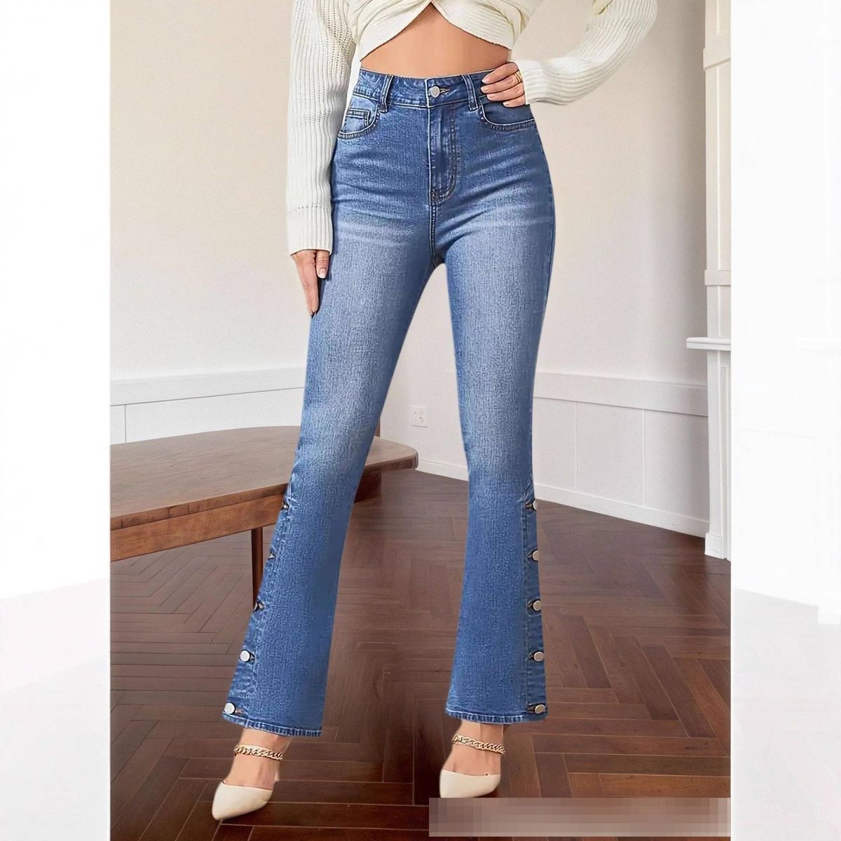 Women's Retro High-Waisted Flared Jeans With Side Button Detail, Stretch Denim Slim Fit Bootcut Pants_mkmklike.com