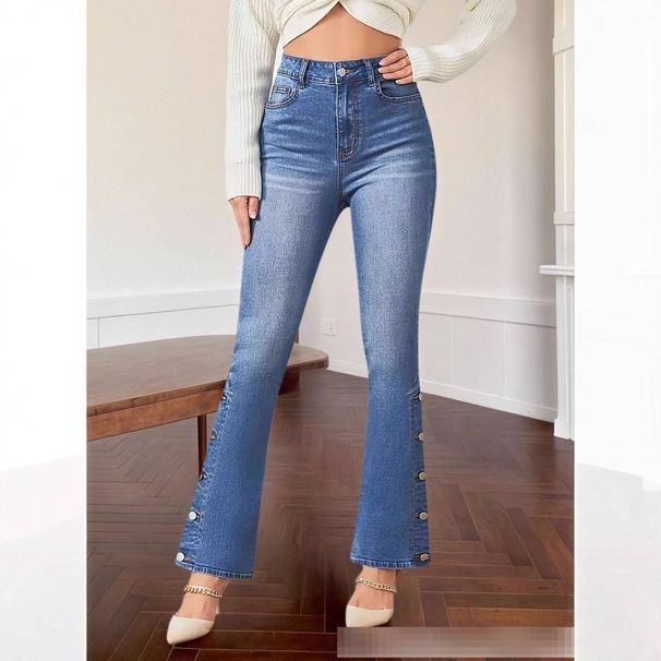 Women's Retro High-Waisted Flared Jeans With Side Button Detail, Stretch Denim Slim Fit Bootcut Pants_mkmklike.com