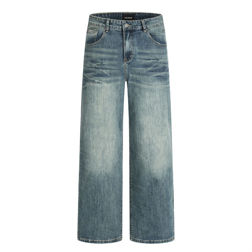 American Style Washed Denim Straight-Leg Casual Loose Men's Vintage Distressed Wide-Leg Versatile Dad Pants_mkmklike.com