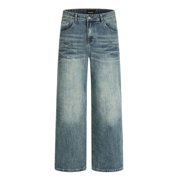 American Style Washed Denim Straight-Leg Casual Loose Men's Vintage Distressed Wide-Leg Versatile Dad Pants_mkmklike.com