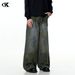 Vintage Work Pants For Men & Women - Adjustable Waist, Distressed Denim, Straight Leg, Retro Style With Splatter Paint Design_mkmklike.com