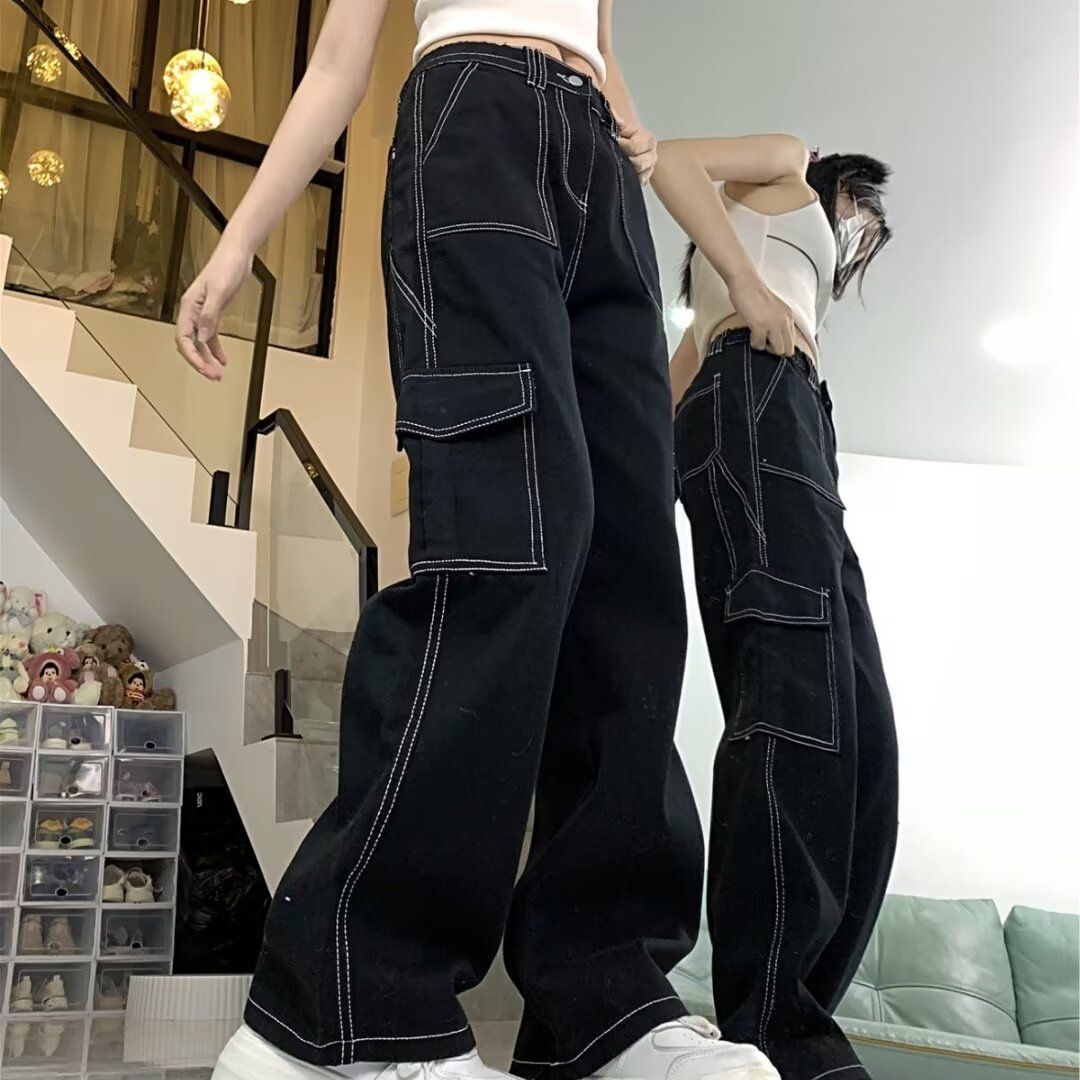ELLE Women's Straight Loose Jeans Spring Autumn Winter 2024 New High Waist Slimming Petite Wide Leg Cargo Pants_mkmklike.com