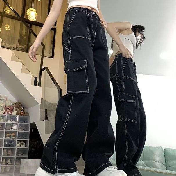 ELLE Women's Straight Loose Jeans Spring Autumn Winter 2024 New High Waist Slimming Petite Wide Leg Cargo Pants_mkmklike.com