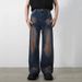 Men's Retro Distressed Washed Jeans High Street Yellow Mud Dyed Floor Length Straight Trousers Loose Fit Casual Preppy Style_mkmklike.com