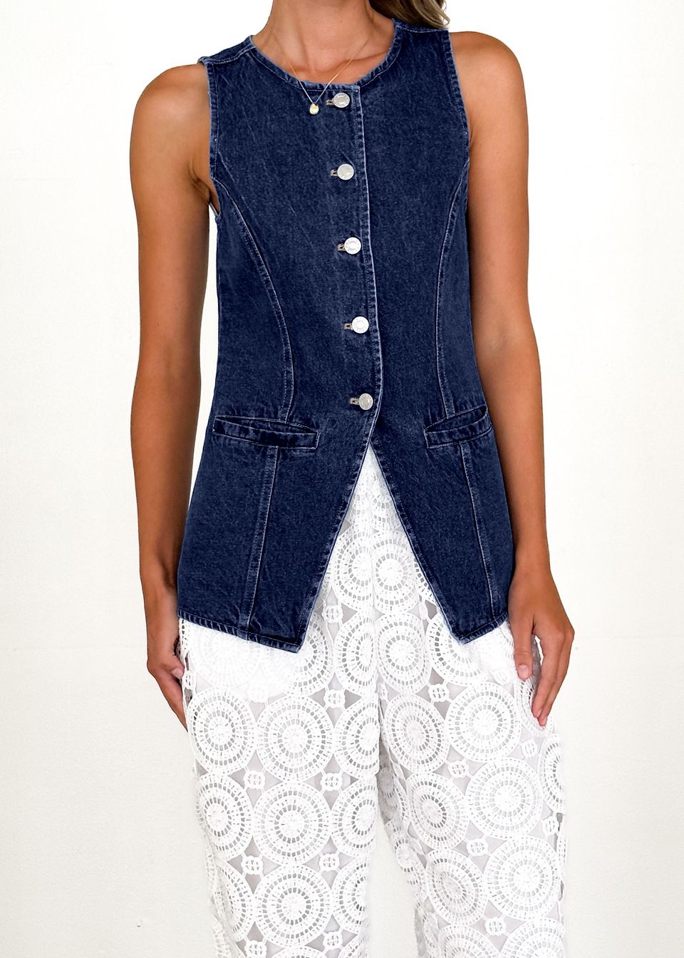 Women's Sleeveless High Waist Denim Vest - Casual Chic Button Front Vest For Spring & Summer_mkmklike.com