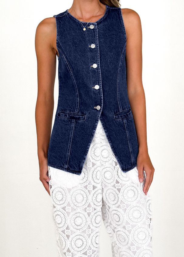 Women's Sleeveless High Waist Denim Vest - Casual Chic Button Front Vest For Spring & Summer_mkmklike.com