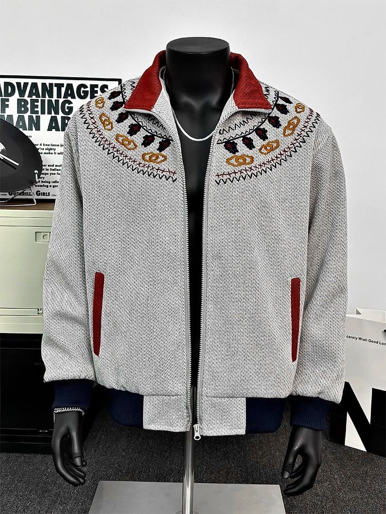 Men’s Fair Isle Knit Zip-Up Jacket – Ethnic Embroidery Stand Collar Coat, Contrast Color Block Design (M-XXL, Beige/Grey)_mkmklike.com