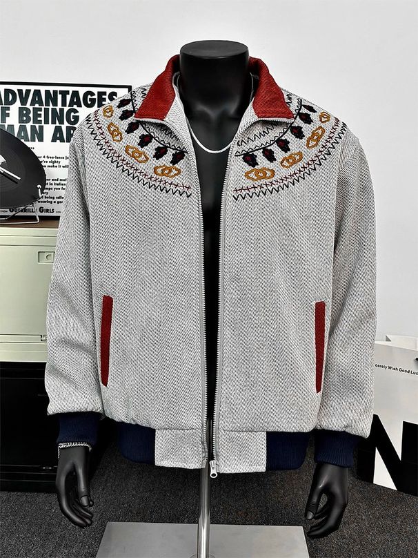 Men’s Fair Isle Knit Zip-Up Jacket – Ethnic Embroidery Stand Collar Coat, Contrast Color Block Design (M-XXL, Beige/Grey)_mkmklike.com