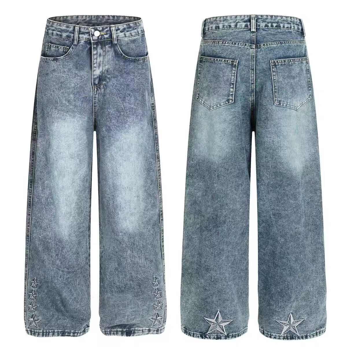 Men's Retro Blue Flared Jeans High Street Style Washed Distressed Loose Straight Leg Wide Leg Trousers_mkmklike.com