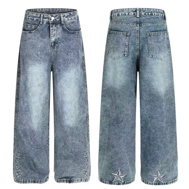 Men's Retro Blue Flared Jeans High Street Style Washed Distressed Loose Straight Leg Wide Leg Trousers_mkmklike.com