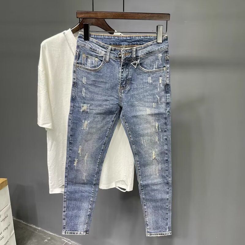 Men's 9-Hole Distressed Jeans Slim Fit Light Blue Vintage Washed Denim Pants For Casual Streetwear_mkmklike.com