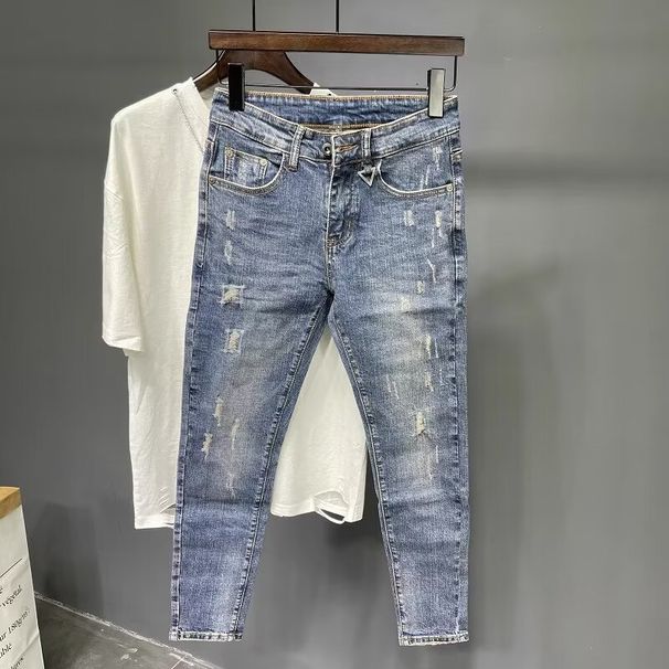 Men's 9-Hole Distressed Jeans Slim Fit Light Blue Vintage Washed Denim Pants For Casual Streetwear_mkmklike.com