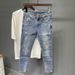 Men's 9-Hole Distressed Jeans Slim Fit Light Blue Vintage Washed Denim Pants For Casual Streetwear_mkmklike.com
