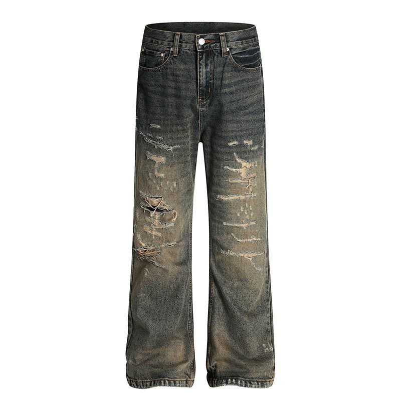 Retro Distressed Ripped Jeans For Men And Women Straight Leg Loose Fit Wide Leg Pants_mkmklike.com