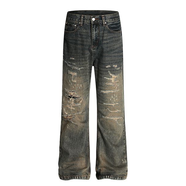 Retro Distressed Ripped Jeans For Men And Women Straight Leg Loose Fit Wide Leg Pants_mkmklike.com