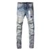 Men Women Y2K Stacked Flared Jeans, Light Blue Snow Wash With Multiple Frayed Rips & White Splatter Accents, Cool & Breathable For Summer_mkmklike.com
