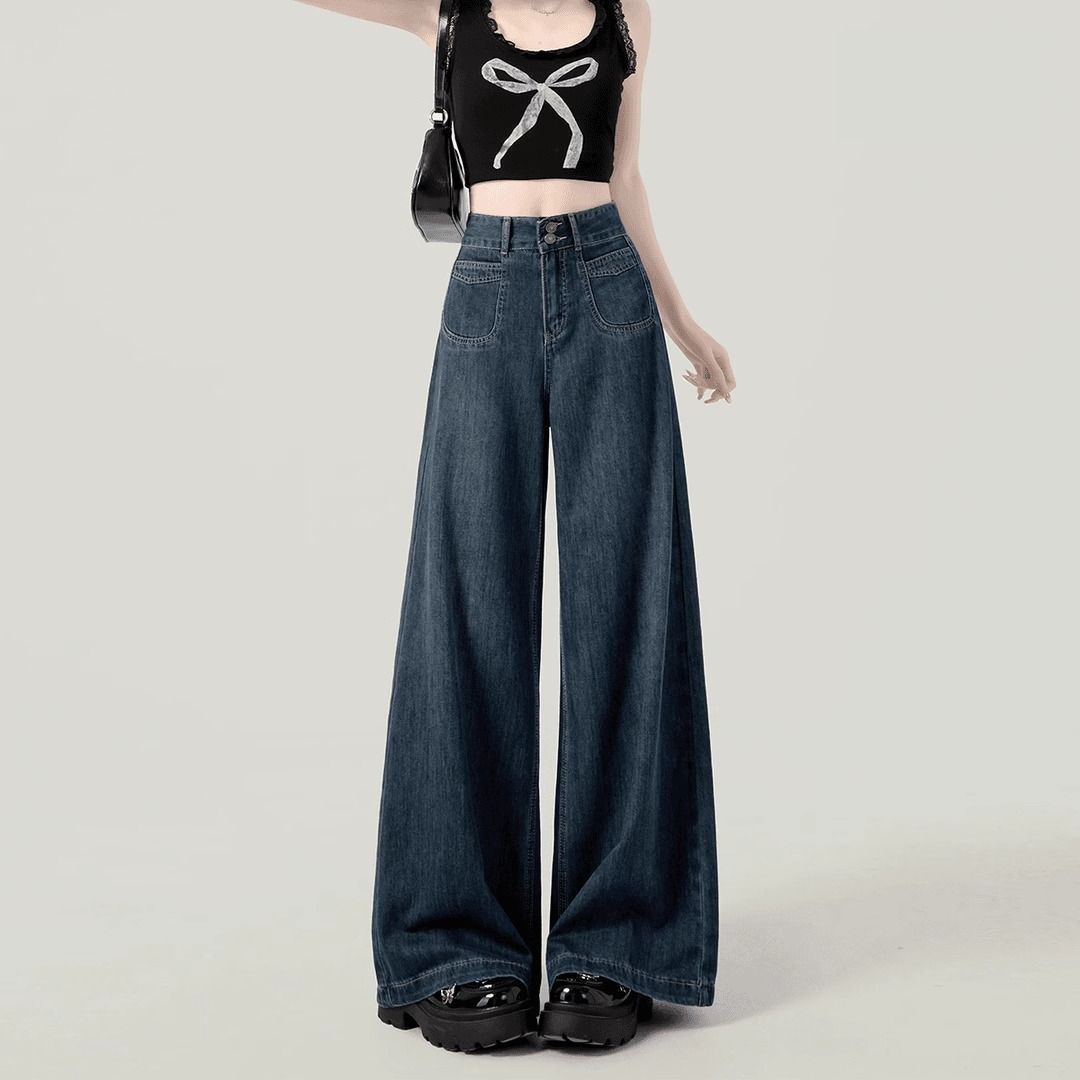 ELLE Vintage Wide-Leg Jeans For Women, Autumn 2025 New Loose Fit, Slimming High-Waisted Straight-Leg Floor-Length Pants, Thin_mkmklike.com
