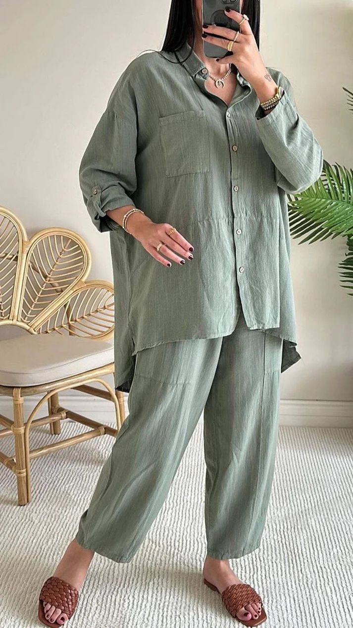 Women's Clothing 2 piece Set Large Size Cotton and Linen Shirt Set High Waist Loose Trousers_mkmklike.com