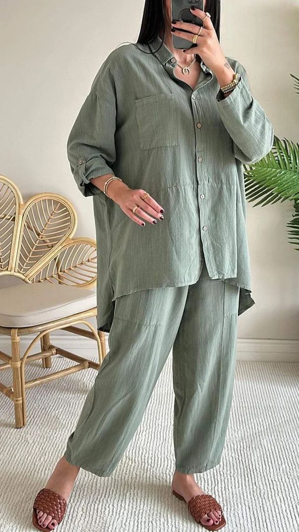 Women's Clothing 2 piece Set Large Size Cotton and Linen Shirt Set High Waist Loose Trousers_mkmklike.com