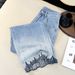 Women's High Waist Straight Leg Cropped Jeans With Gradient Blue Embroidery & Rhinestone Detail, Relaxed Fit, Summer Casual Trousers_mkmklike.com