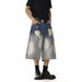 American Vintage Gradient Ripped Slashed Loose Cropped Jeans For Men And Women, Slimming Wide-leg Straight-leg Casual Shorts, Trendy Style_mkmklike.com