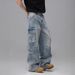 Tide Brand American Washed Multi-pocket Splicing Design Sense Tooling Jeans Men's And Women's Street Versatile Straight Trousers_mkmklike.com