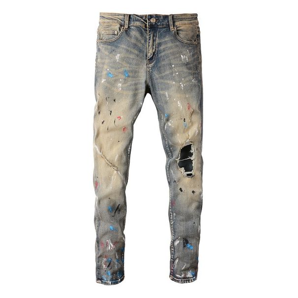 Men's Clothing European And American Street Fashion Graffiti Ripped Jeans Men's Slim Fit Paint Splashed Foot Cross Border Stretch Men's Pants 6556_mkmklike.com