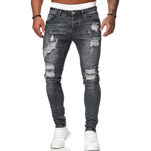 Men's Clothing Trousers Ripped White Slim Denim Trousers Fashion Calf Trousers_mkmklike.com