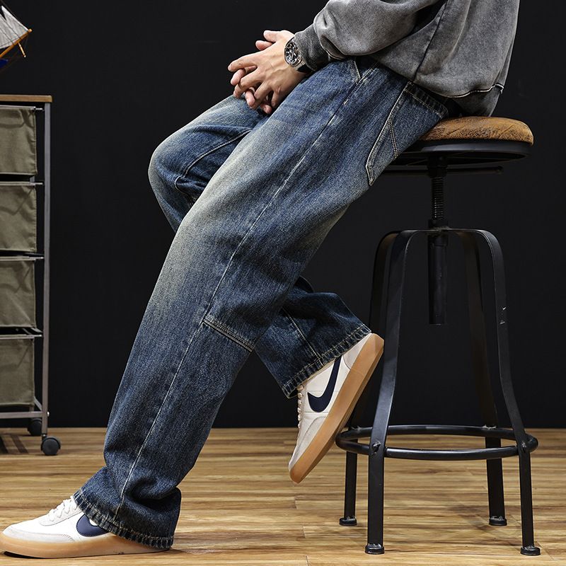 Large Size Men's Clothing Four Seasons American Loose Jeans Men's Elastic Waist High Street Fat Straight Jeans Men's Cross-border_mkmklike.com