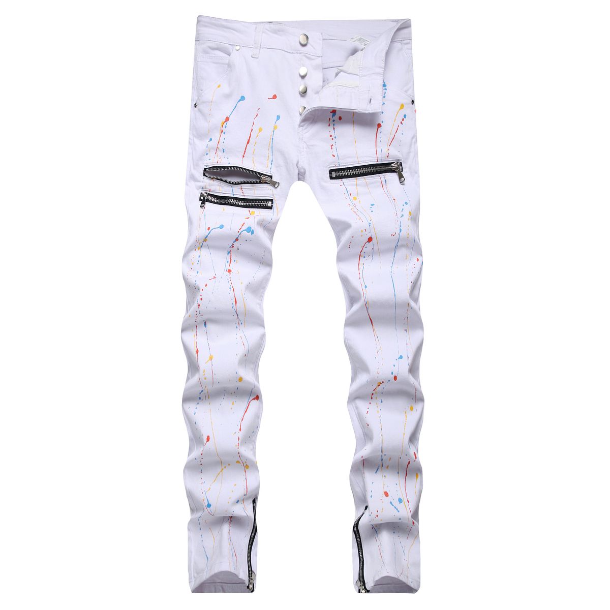 Men's White Splatter Paint Jeans | Slim Fit Stretch Denim With Artistic Detail And Breathable & Stretchy_mkmklike.com