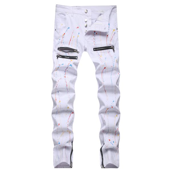 Men's White Splatter Paint Jeans | Slim Fit Stretch Denim With Artistic Detail And Breathable & Stretchy_mkmklike.com