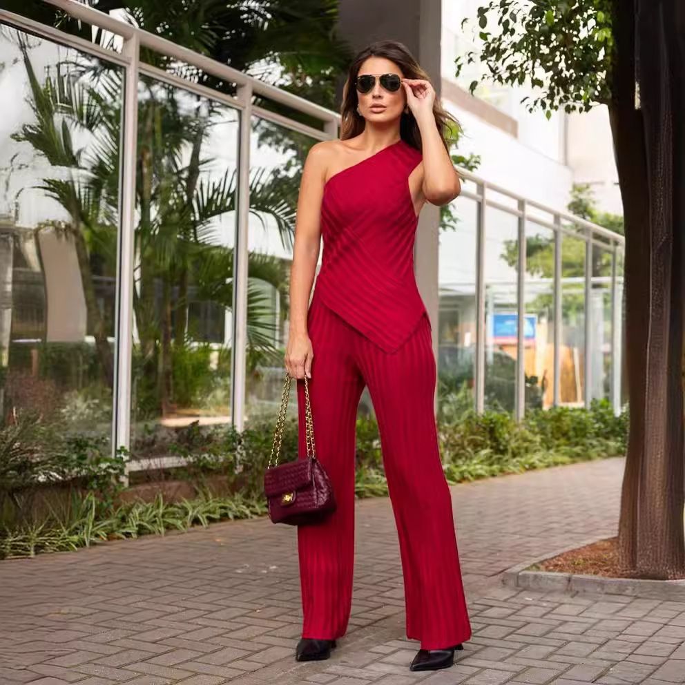 Women's solid color oblique collar striped elastic slim fit knitted sweater and pants suit for women_mkmklike.com