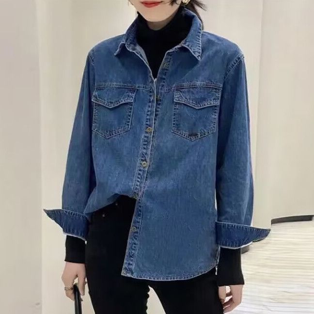 Vintage Hong Kong Style Denim Shirt For Women - Retro Blue Oversized Button Down Shirt With Classic Collar, Casual & Office Wear_mkmklike.com
