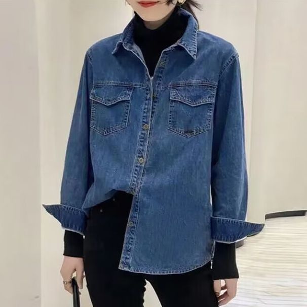 Vintage Hong Kong Style Denim Shirt For Women - Retro Blue Oversized Button Down Shirt With Classic Collar, Casual & Office Wear_mkmklike.com