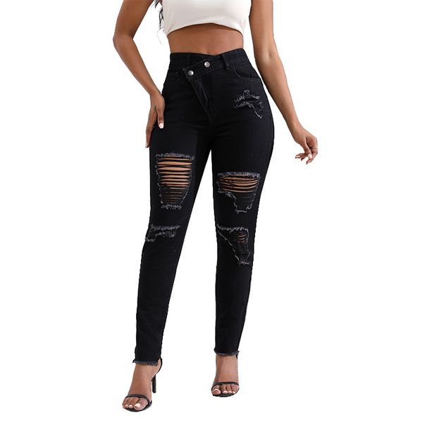Women's Clothing High-Waisted Ripped Skinny Jeans Regular Fit Solid Color Denim For Spring/Autumn_mkmklike.com