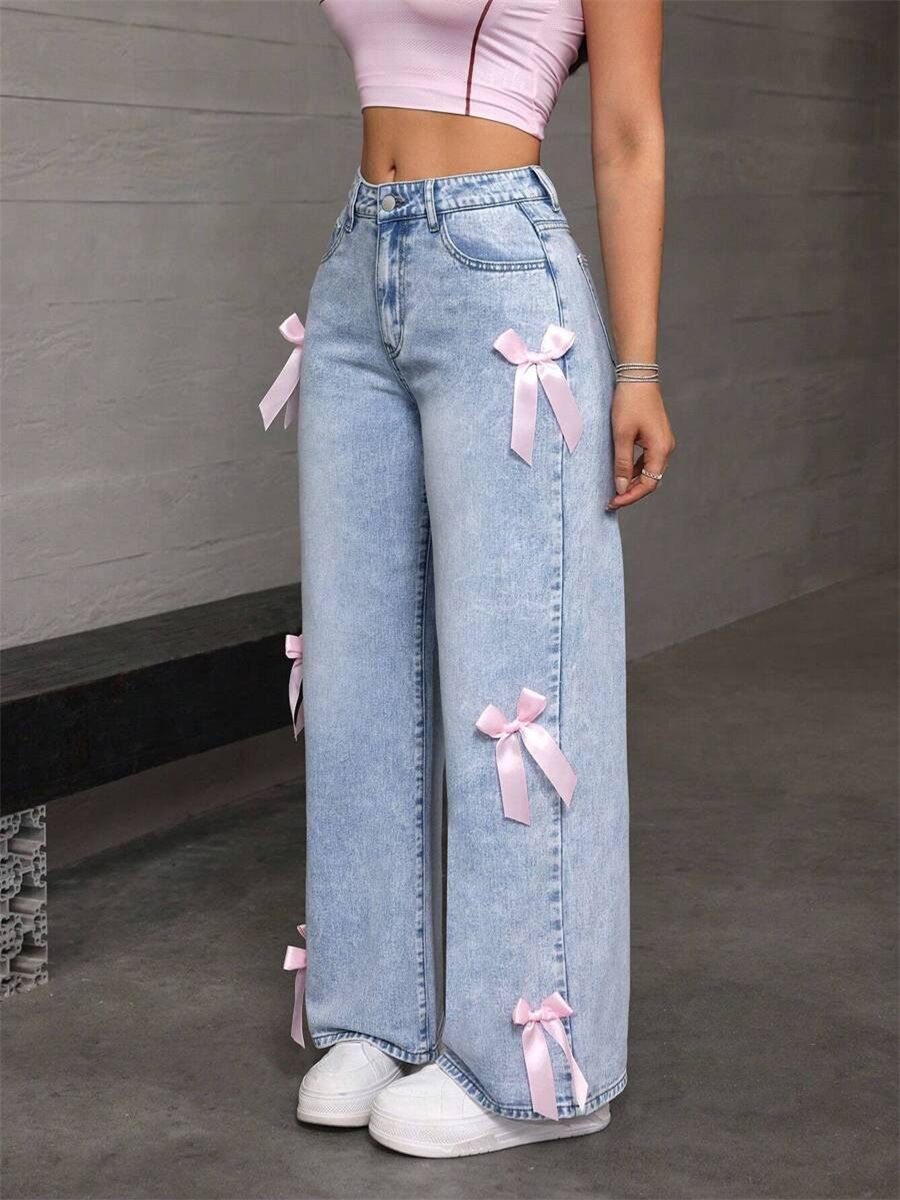 High-Waisted Wide-Leg Jeans With Bow Detail – Vintage Washed Denim Pants For Women (XS-XXL, Light Blue/Deep Blue)_mkmklike.com