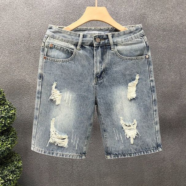 Men's Trendy Distressed Denim Shorts Style Summer Thin Straight Leg Mid Length High Street Versatile Youthful Clothing_mkmklike.com