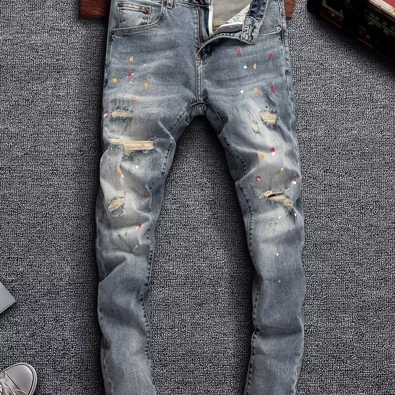 Men's Stretch Denim Jeans With Splatter Paint, Patches & Studs - Slim Fit Black Casual Pants For Teens & Young Adults_mkmklike.com
