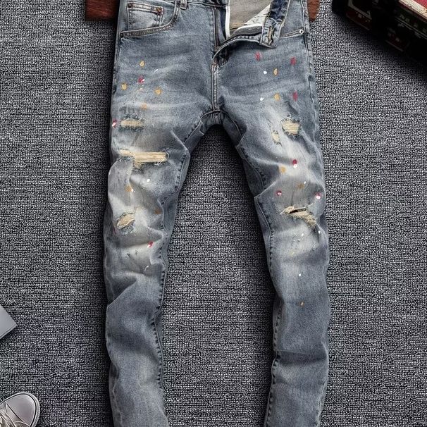 Men's Stretch Denim Jeans With Splatter Paint, Patches & Studs - Slim Fit Black Casual Pants For Teens & Young Adults_mkmklike.com